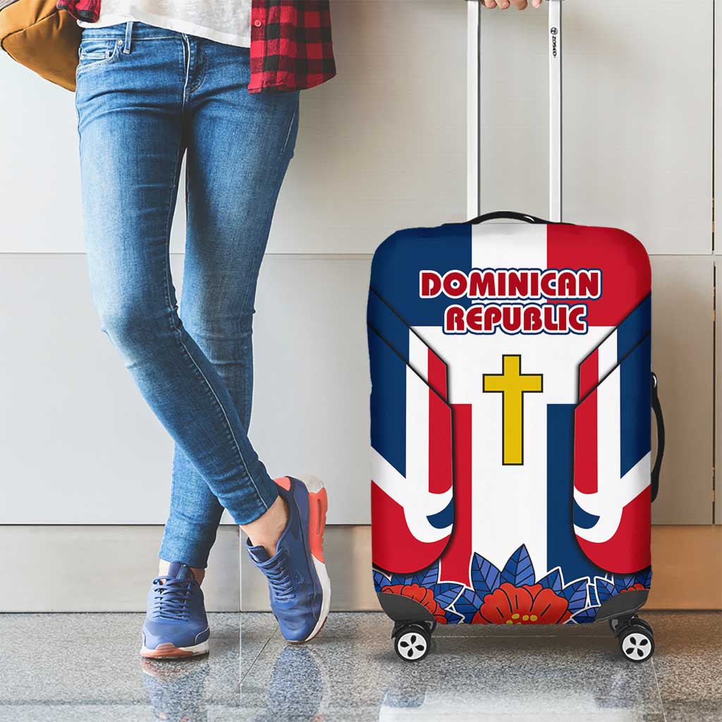 Dominican Republic Flag Luggage Cover with Cross and Floral Design Red Blue Pattern TS04
