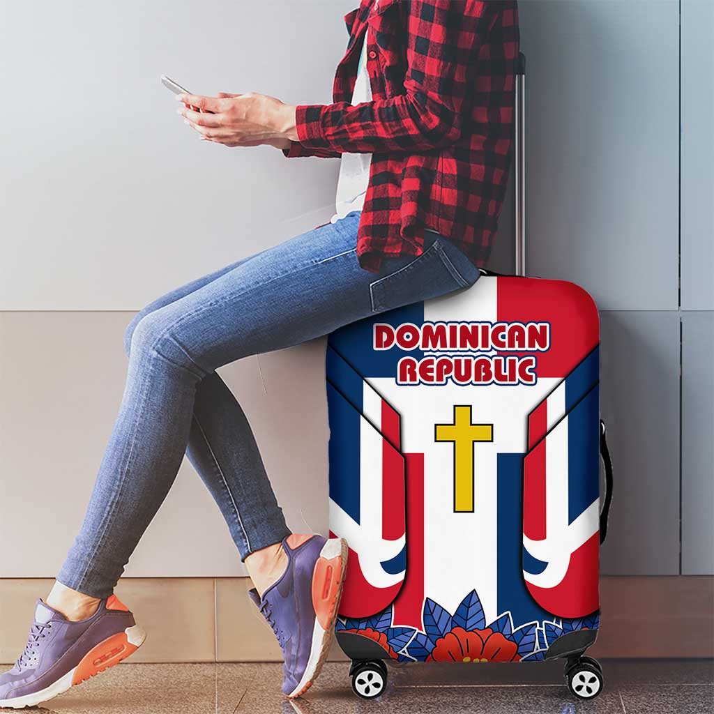 Dominican Republic Flag Luggage Cover with Cross and Floral Design Red Blue Pattern TS04