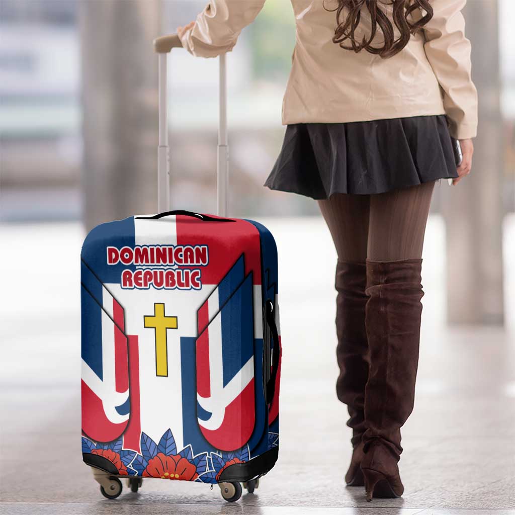 Dominican Republic Flag Luggage Cover with Cross and Floral Design Red Blue Pattern TS04