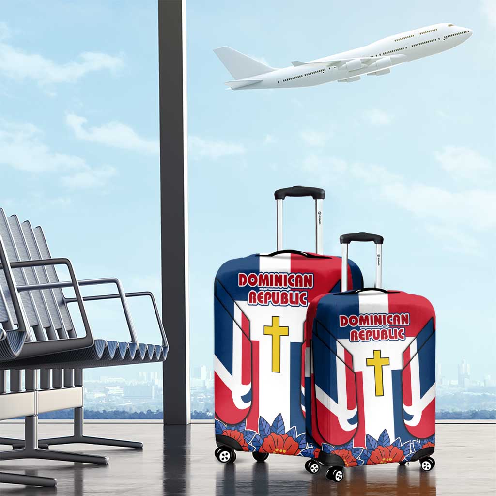 Dominican Republic Flag Luggage Cover with Cross and Floral Design Red Blue Pattern TS04