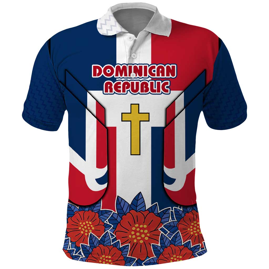 Dominican Republic Flag Polo Shirt with Cross and Floral Design Red Blue Pattern TS04