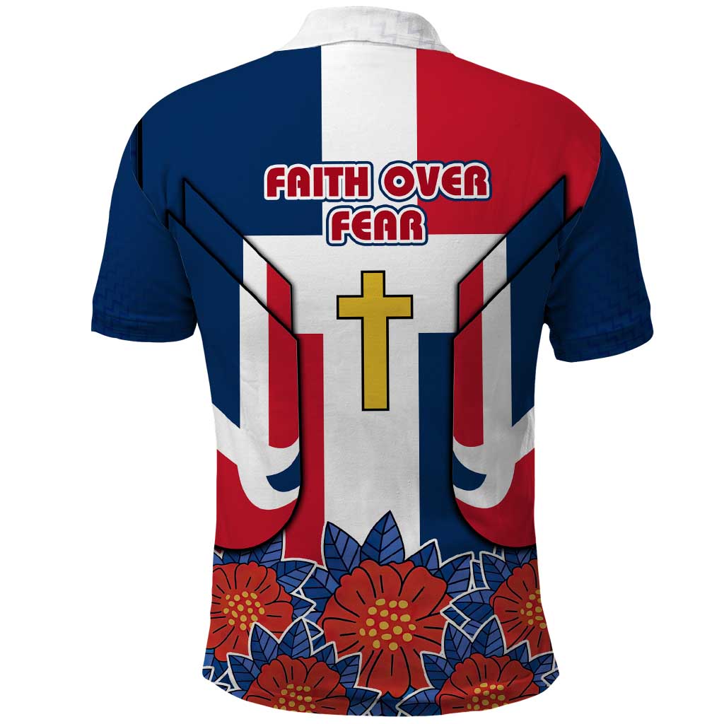 Dominican Republic Flag Polo Shirt with Cross and Floral Design Red Blue Pattern TS04
