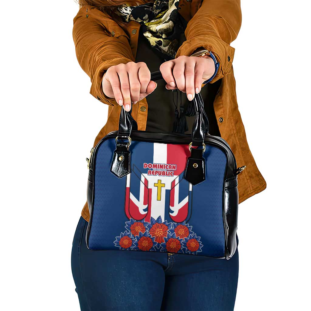 Dominican Republic Flag Shoulder Handbag with Cross and Floral Design Red Blue Pattern TS04