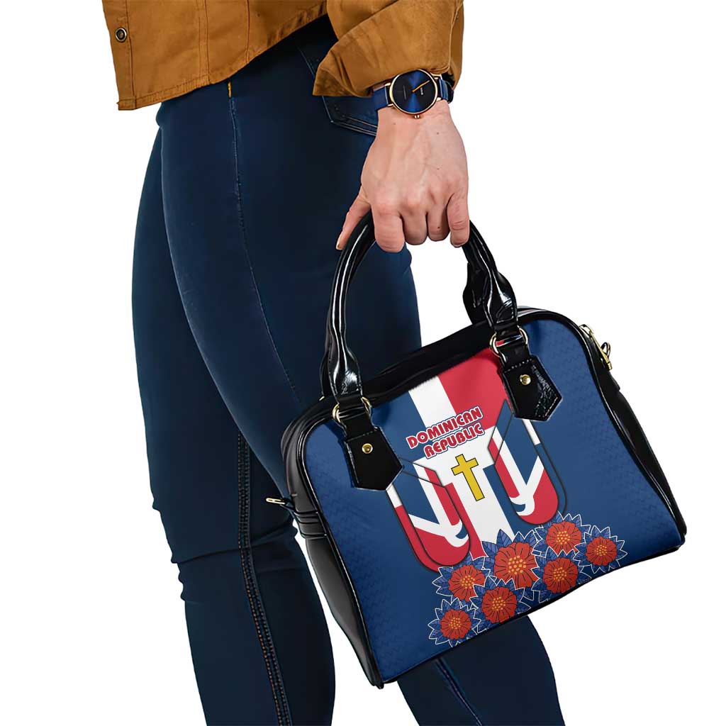Dominican Republic Flag Shoulder Handbag with Cross and Floral Design Red Blue Pattern TS04