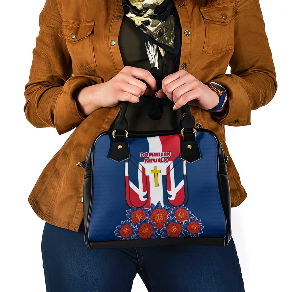 Dominican Republic Flag Shoulder Handbag with Cross and Floral Design Red Blue Pattern TS04