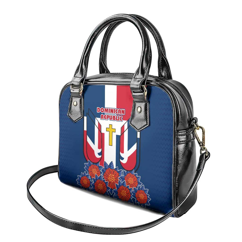 Dominican Republic Flag Shoulder Handbag with Cross and Floral Design Red Blue Pattern TS04