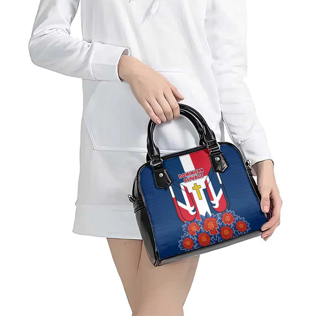 Dominican Republic Flag Shoulder Handbag with Cross and Floral Design Red Blue Pattern TS04