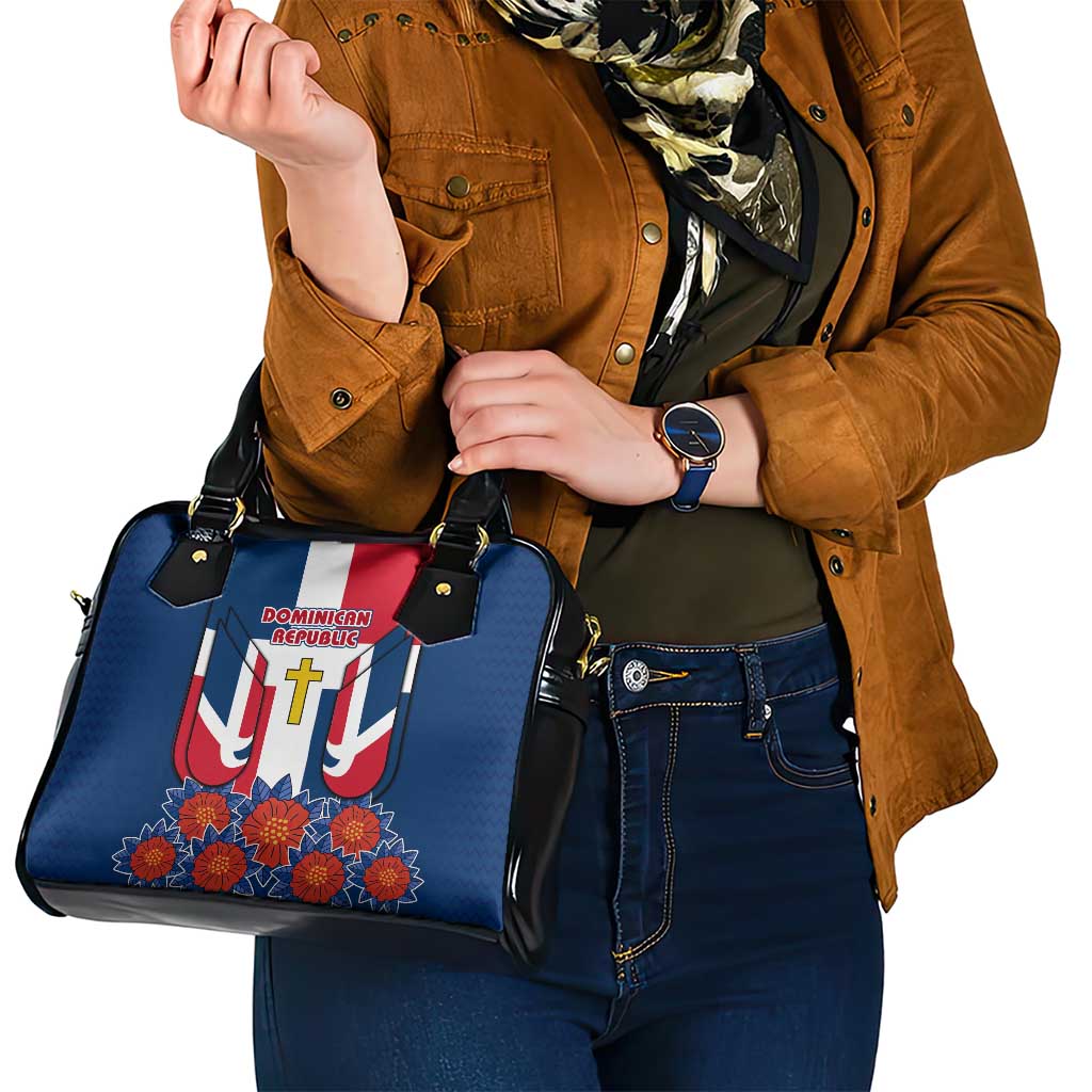 Dominican Republic Flag Shoulder Handbag with Cross and Floral Design Red Blue Pattern TS04