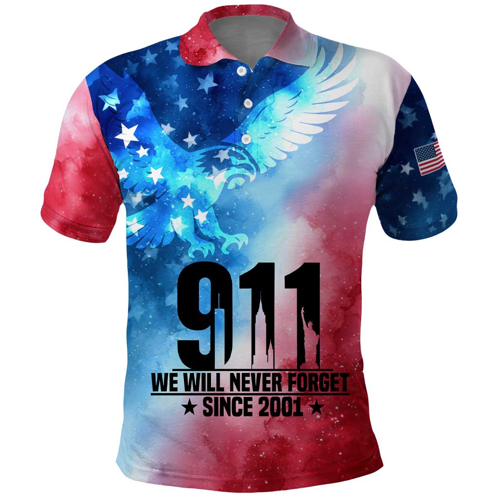 Patriotic 911 Memorial Patriot Day Polo Shirt American Flag and Bald Eagle TS04