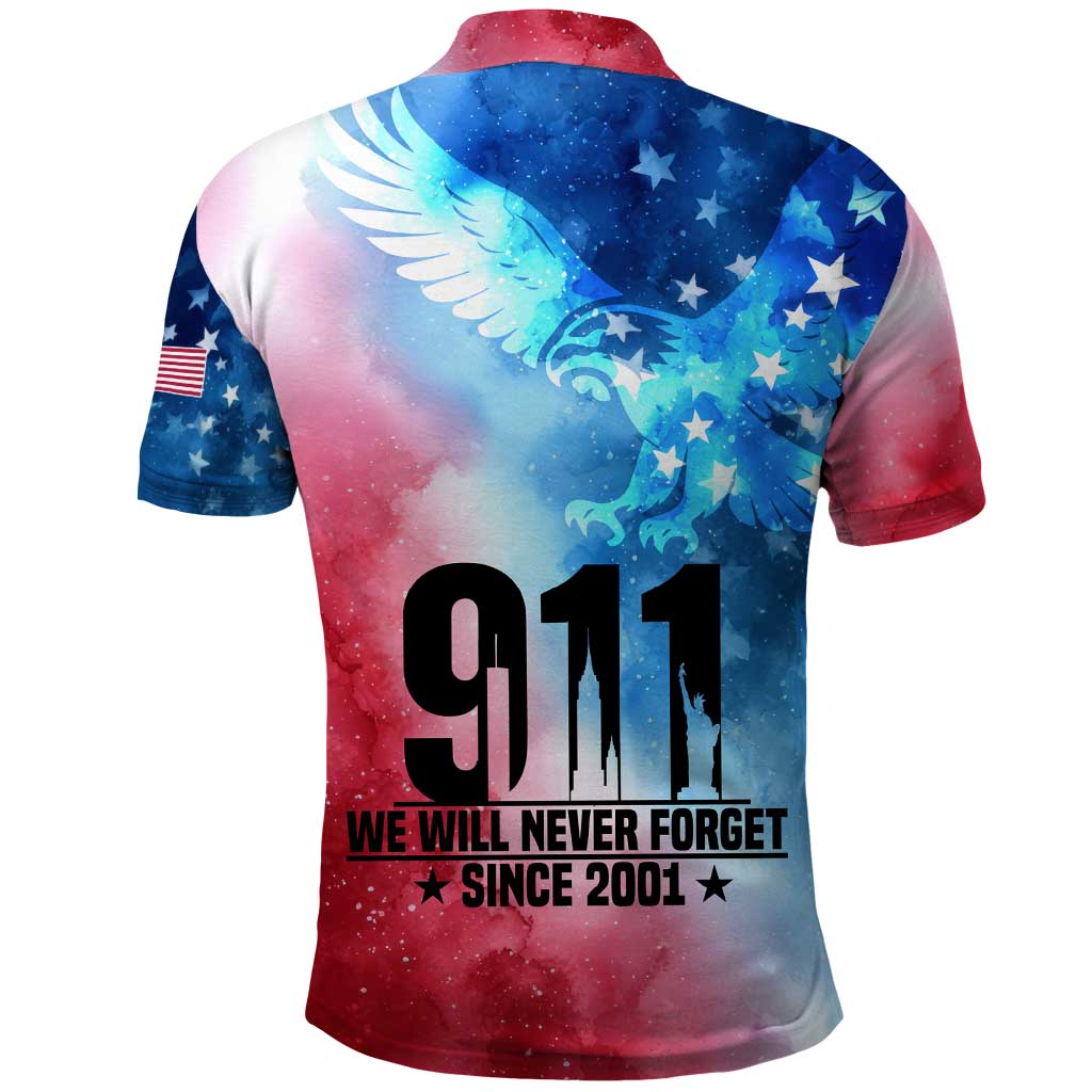 Patriotic 911 Memorial Patriot Day Polo Shirt American Flag and Bald Eagle TS04