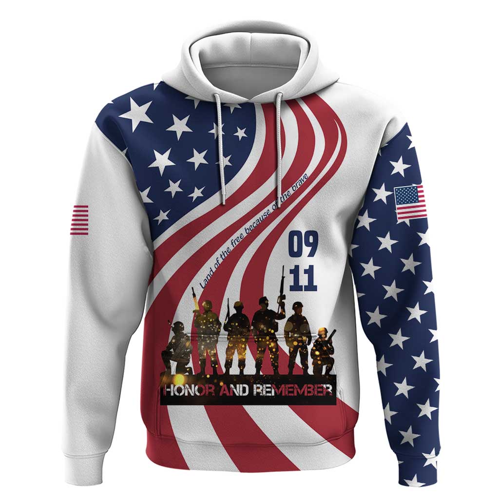 911 Memorial Hoodie Patriot Day American Flag and Soldier Silhouette Honor and Remember TS04