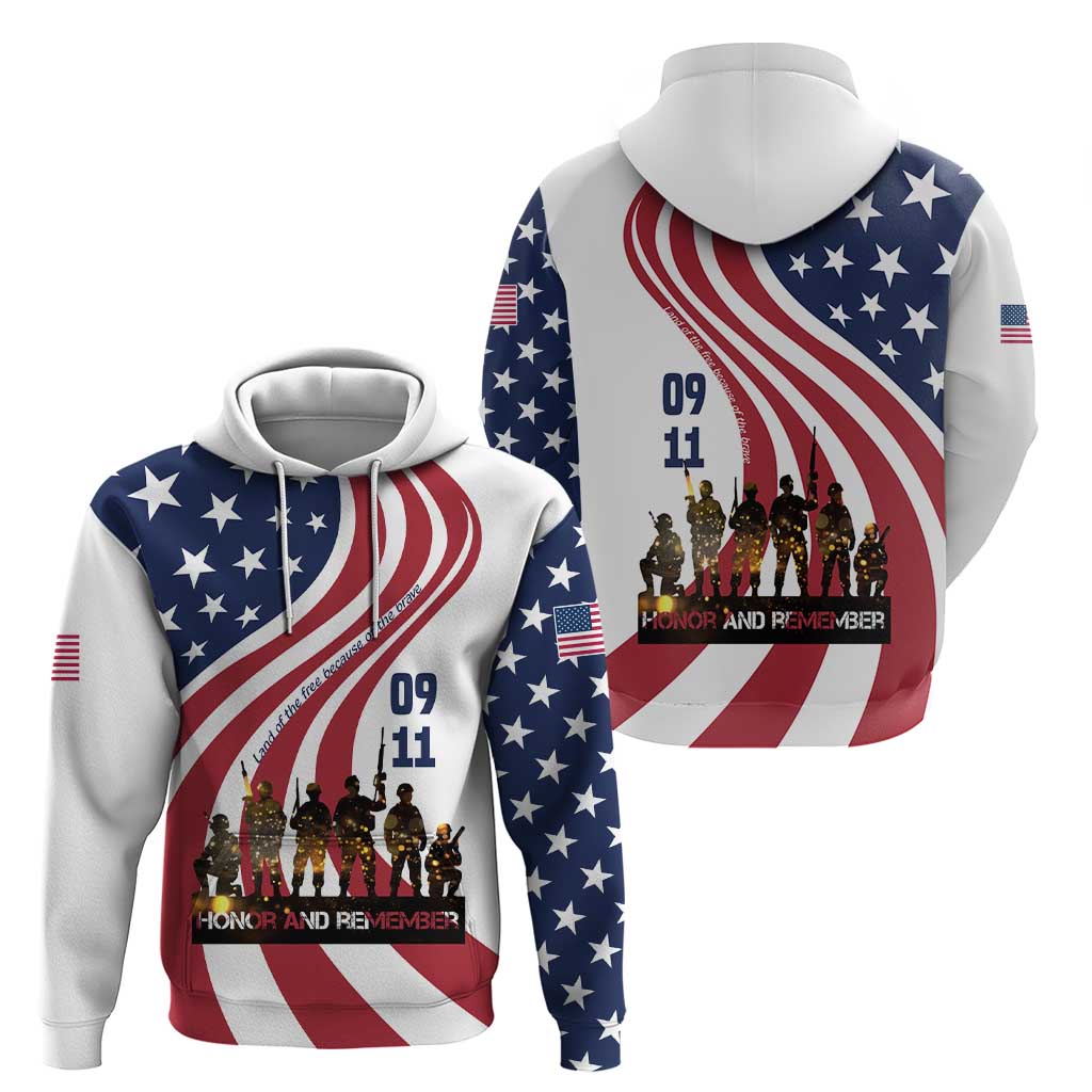 911 Memorial Hoodie Patriot Day American Flag and Soldier Silhouette Honor and Remember TS04