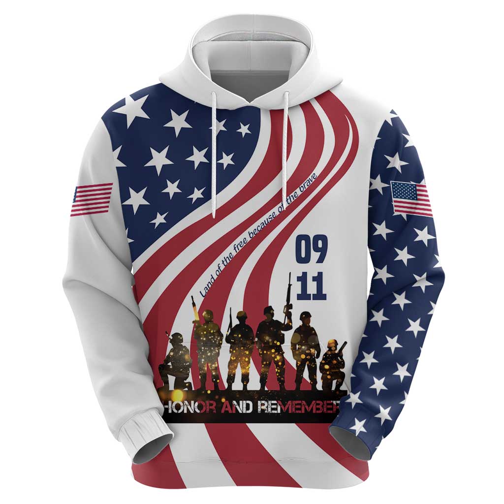 911 Memorial Hoodie Patriot Day American Flag and Soldier Silhouette Honor and Remember TS04