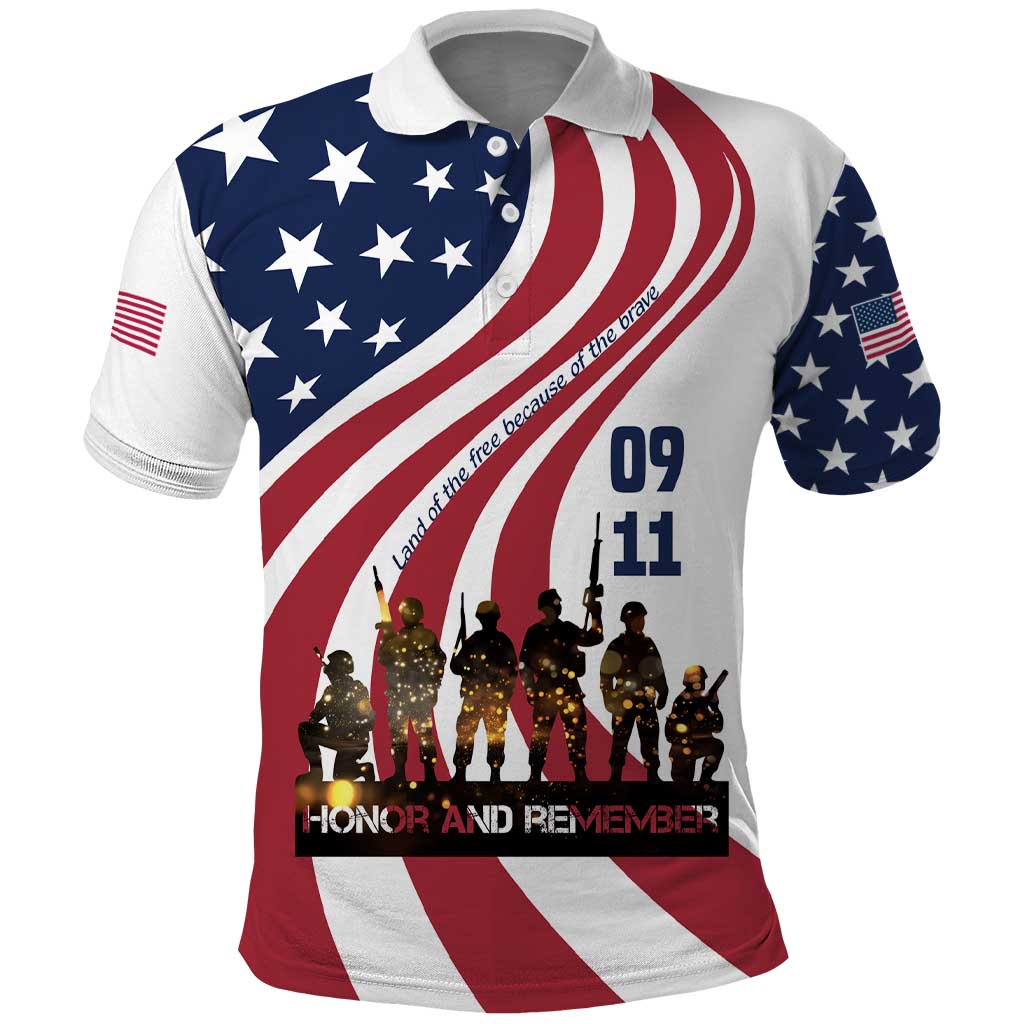 911 Memorial Polo Shirt Patriot Day American Flag and Soldier Silhouette Honor and Remember TS04
