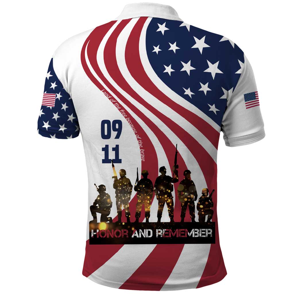 911 Memorial Polo Shirt Patriot Day American Flag and Soldier Silhouette Honor and Remember TS04