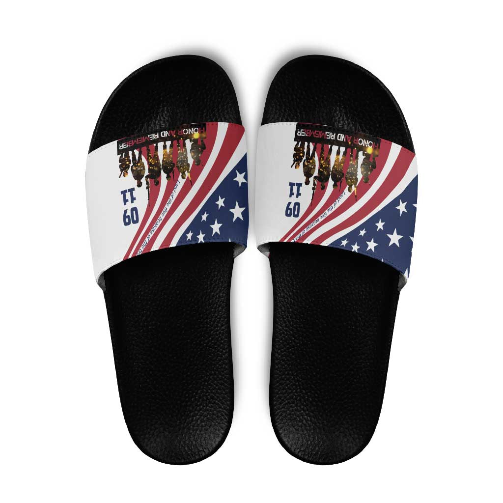 911 Memorial Slide Sandals Patriot Day American Flag and Soldier Silhouette Honor and Remember TS04