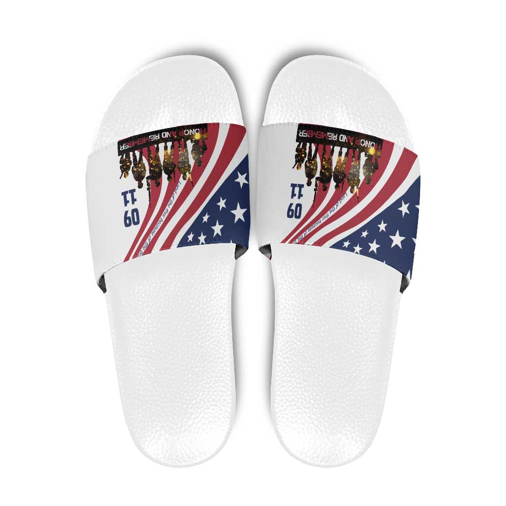 911 Memorial Slide Sandals Patriot Day American Flag and Soldier Silhouette Honor and Remember TS04