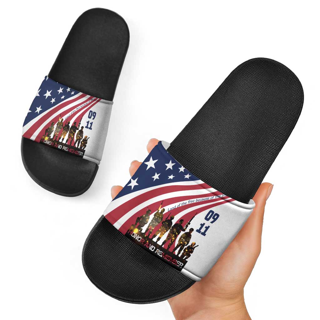 911 Memorial Slide Sandals Patriot Day American Flag and Soldier Silhouette Honor and Remember TS04