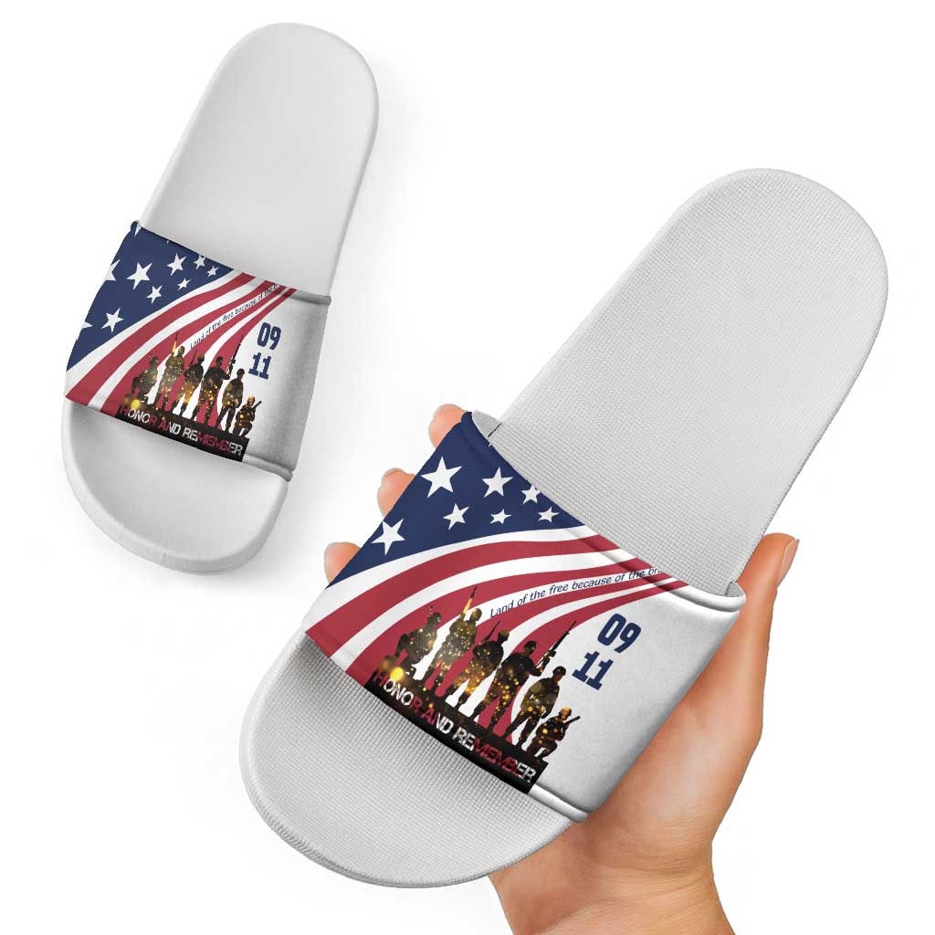 911 Memorial Slide Sandals Patriot Day American Flag and Soldier Silhouette Honor and Remember TS04
