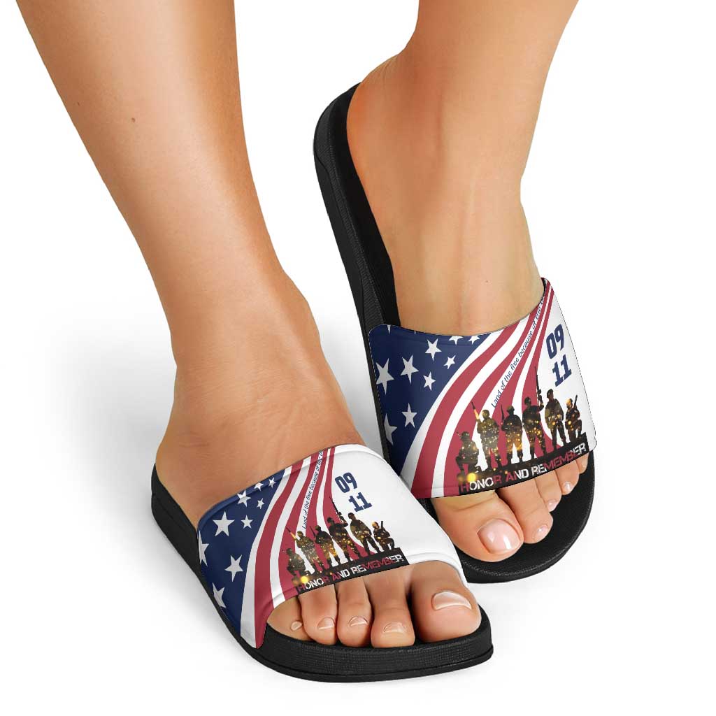 911 Memorial Slide Sandals Patriot Day American Flag and Soldier Silhouette Honor and Remember TS04