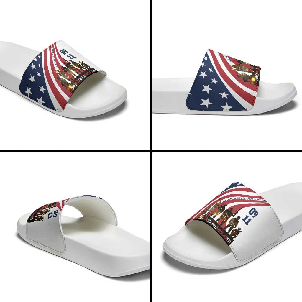 911 Memorial Slide Sandals Patriot Day American Flag and Soldier Silhouette Honor and Remember TS04