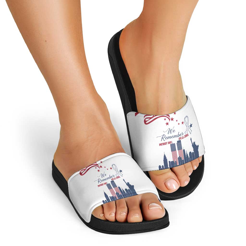Patriot Day 911 Memorial Slide Sandals American Flag and New York City Skyline Design TS04