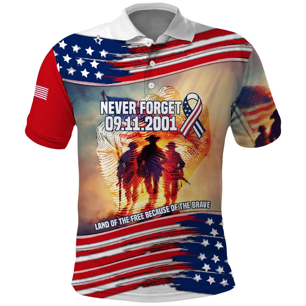 911 Memorial Patriot Day Polo Shirt American Flag and Soldier Tribute Never Forget TS04