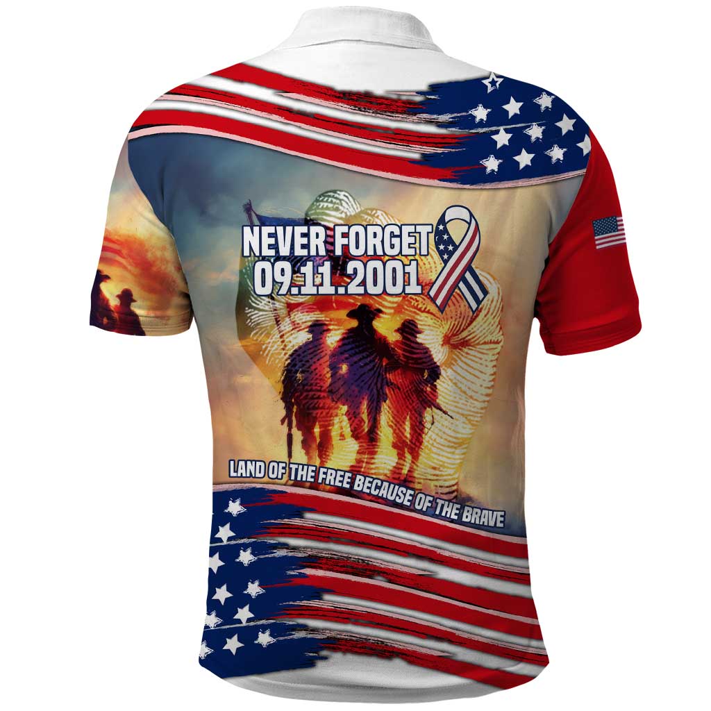 911 Memorial Patriot Day Polo Shirt American Flag and Soldier Tribute Never Forget TS04