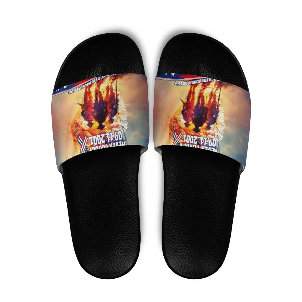911 Memorial Patriot Day Slide Sandals American Flag and Soldier Tribute Never Forget TS04