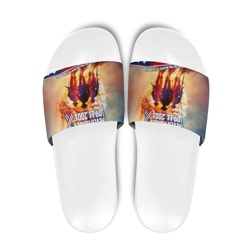 911 Memorial Patriot Day Slide Sandals American Flag and Soldier Tribute Never Forget TS04