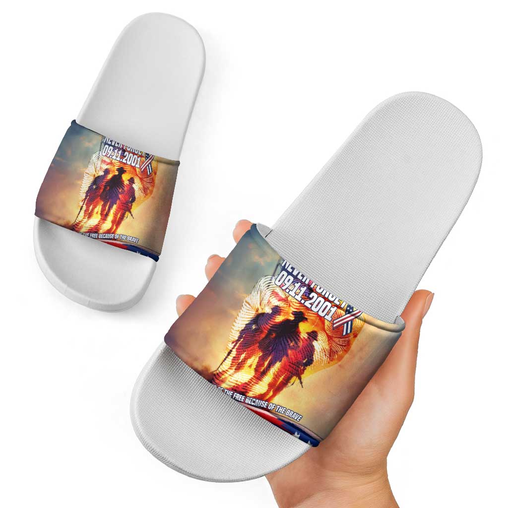 911 Memorial Patriot Day Slide Sandals American Flag and Soldier Tribute Never Forget TS04