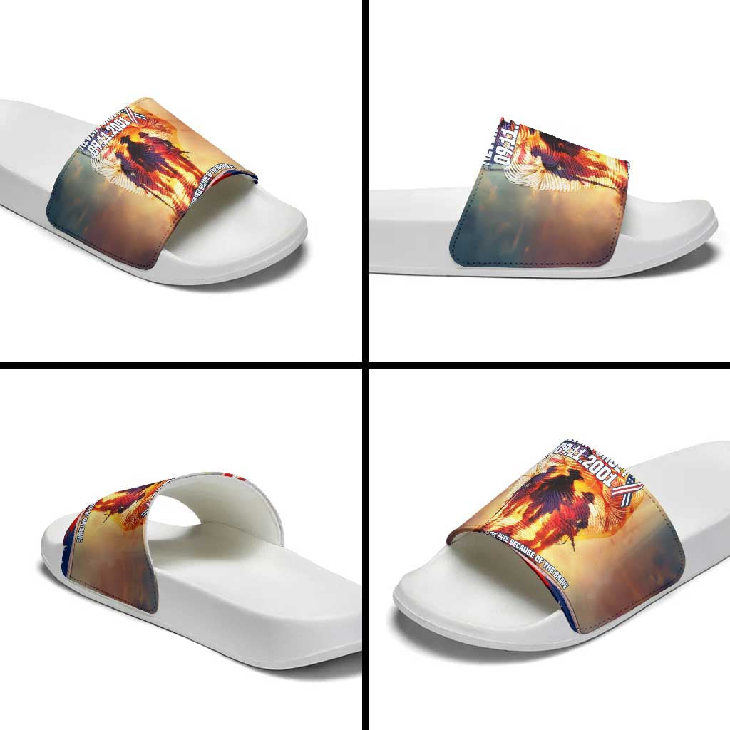 911 Memorial Patriot Day Slide Sandals American Flag and Soldier Tribute Never Forget TS04