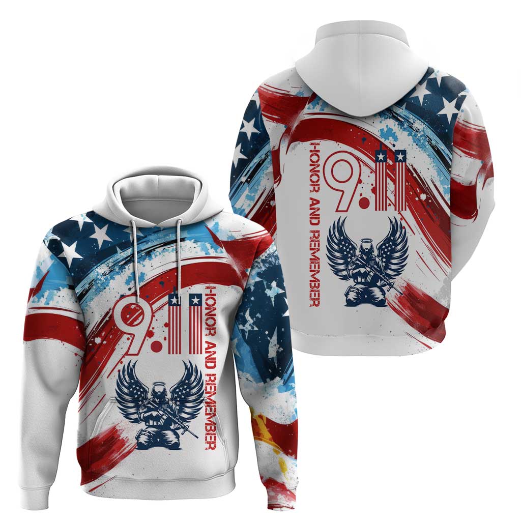 Patriot Day 911 Memorial Hoodie American Flag and Angel Soldier Honor and Remember TS04
