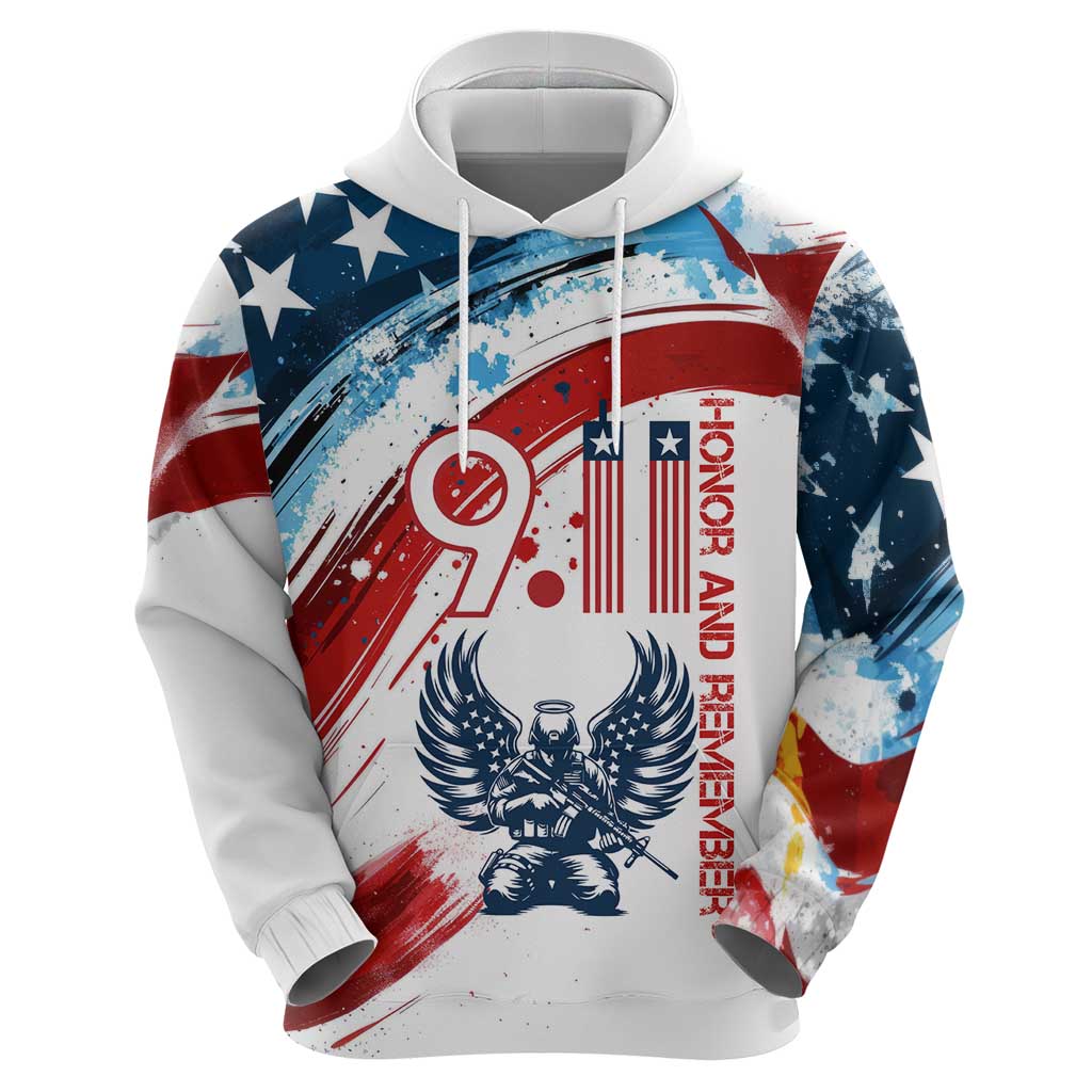 Patriot Day 911 Memorial Hoodie American Flag and Angel Soldier Honor and Remember TS04
