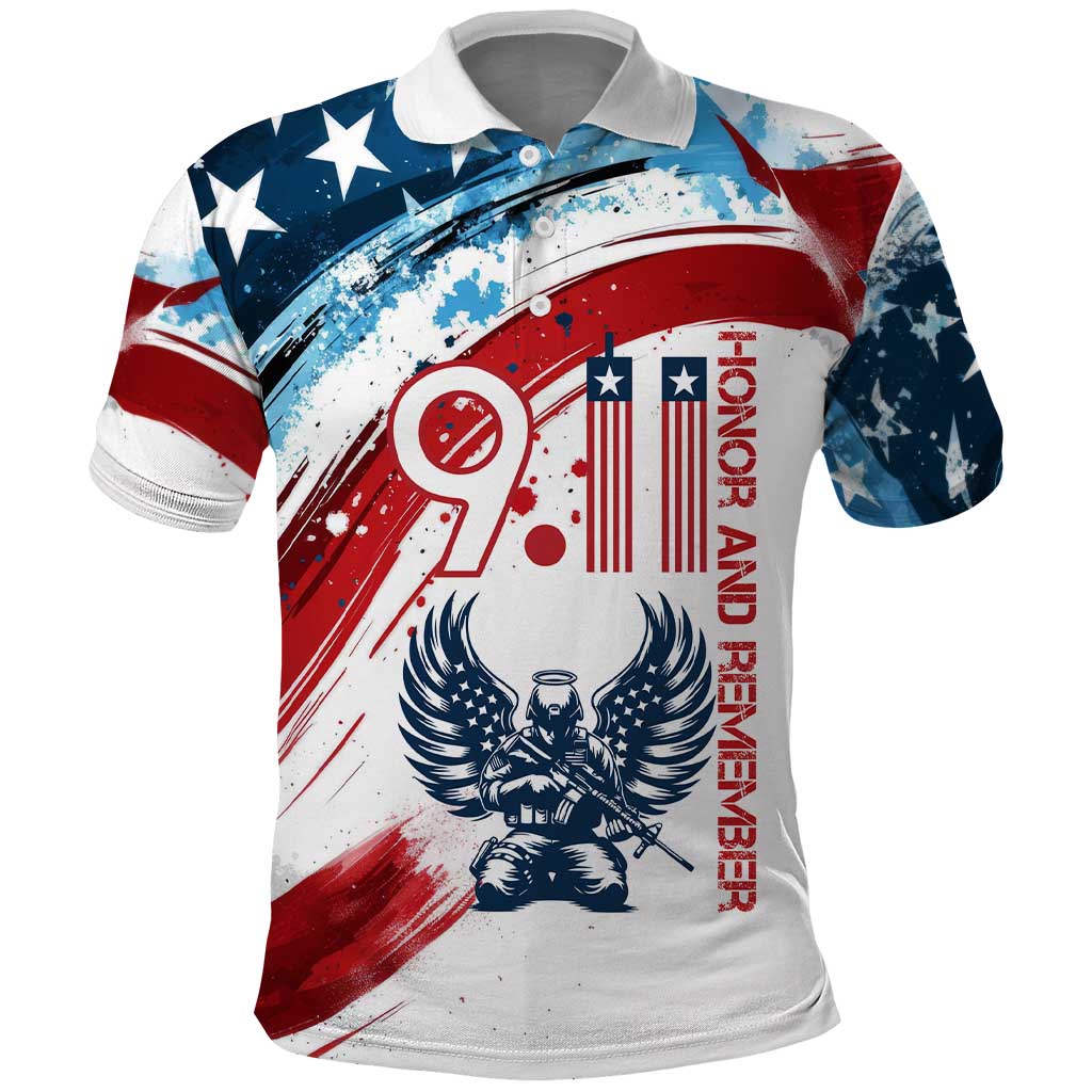 Patriot Day 911 Memorial Polo Shirt American Flag and Angel Soldier Honor and Remember TS04
