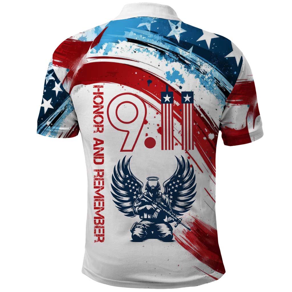 Patriot Day 911 Memorial Polo Shirt American Flag and Angel Soldier Honor and Remember TS04