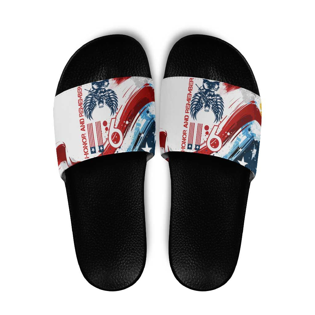 Patriot Day 911 Memorial Slide Sandals American Flag and Angel Soldier Honor and Remember TS04