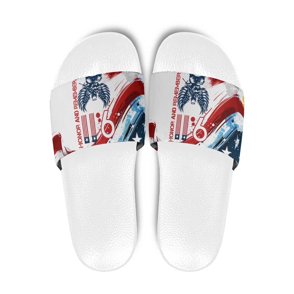 Patriot Day 911 Memorial Slide Sandals American Flag and Angel Soldier Honor and Remember TS04