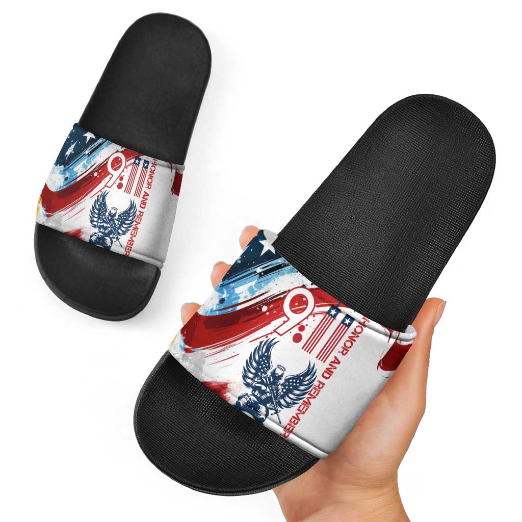 Patriot Day 911 Memorial Slide Sandals American Flag and Angel Soldier Honor and Remember TS04