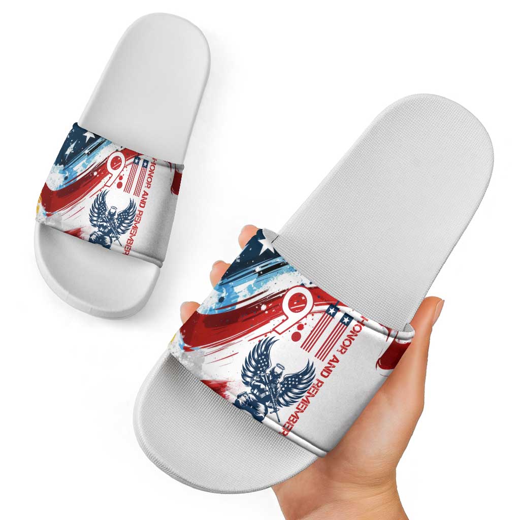 Patriot Day 911 Memorial Slide Sandals American Flag and Angel Soldier Honor and Remember TS04