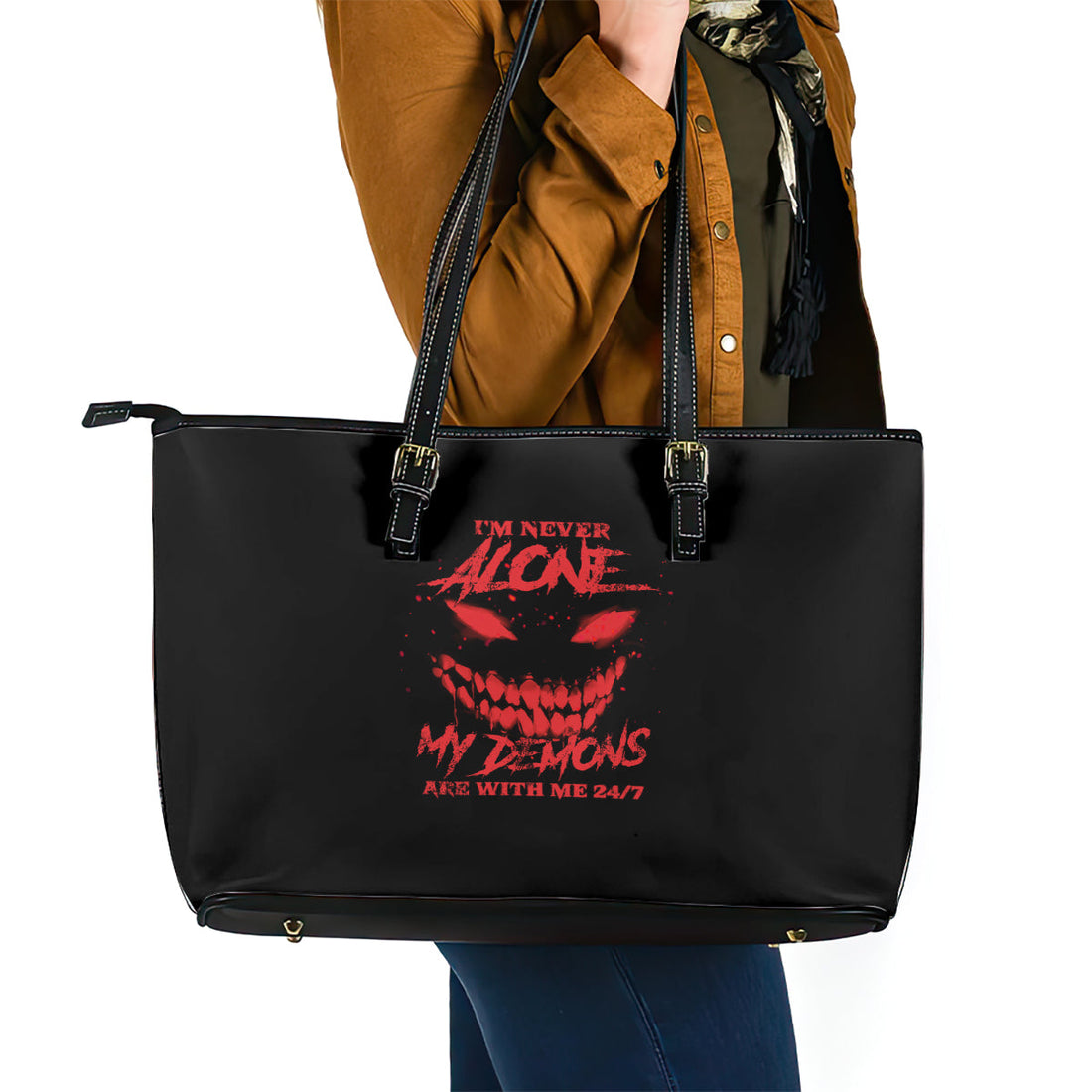 I'm Never Alone My Demon Are With Me Leather Tote Bag TS04