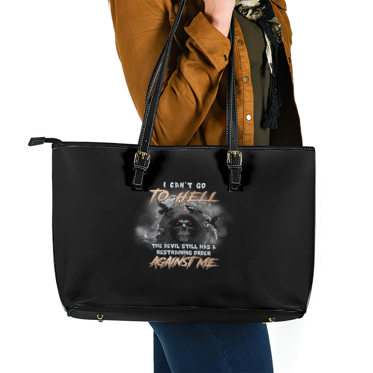 I Can't Go To Hell Reaper Bat Leather Tote Bag TS04