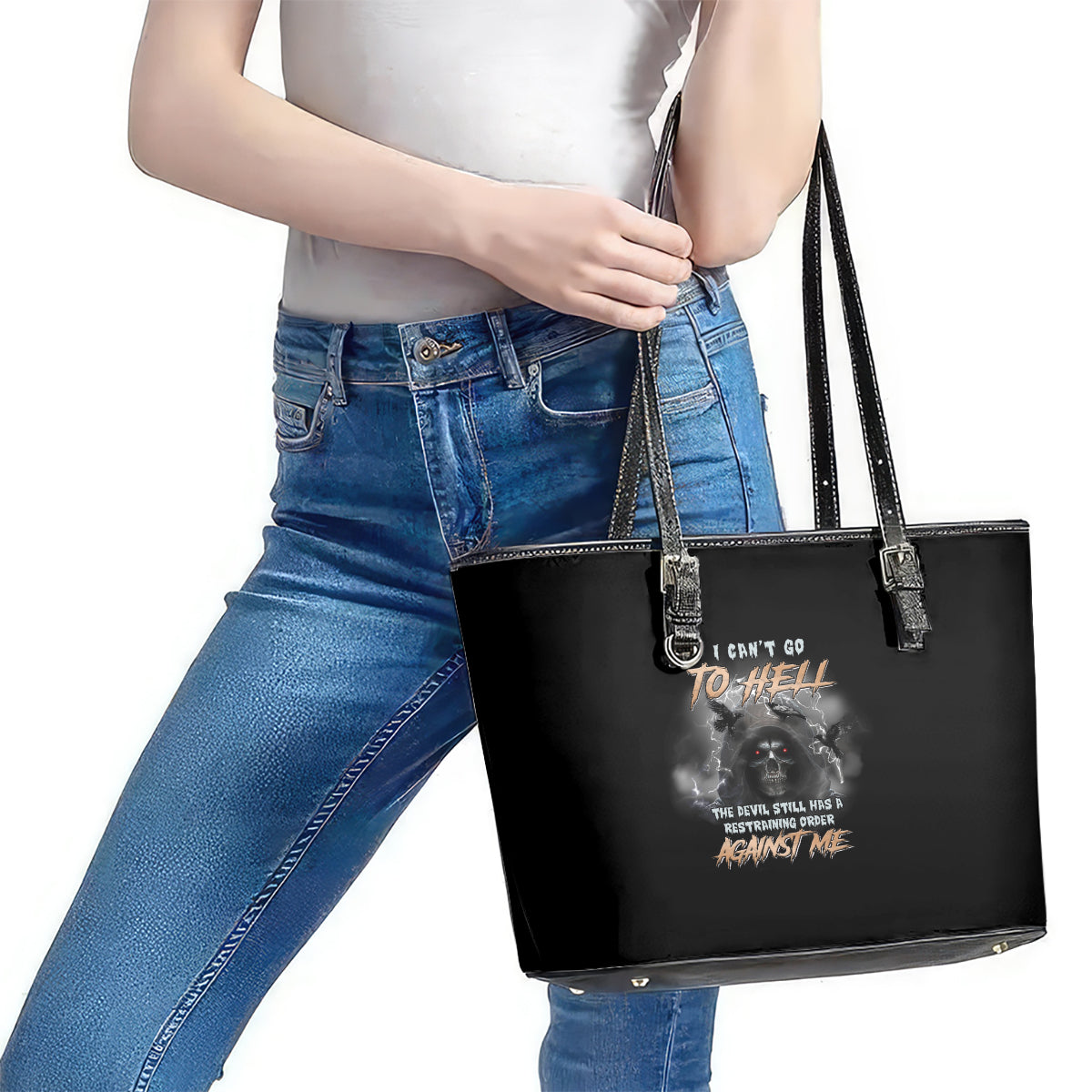I Can't Go To Hell Reaper Bat Leather Tote Bag TS04