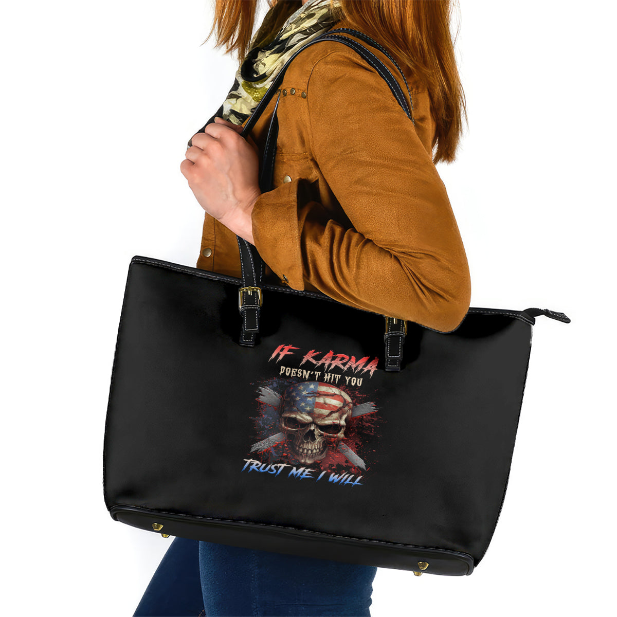 If Karma Doesn't Hit You Trust Me I Will Leather Tote Bag TS04