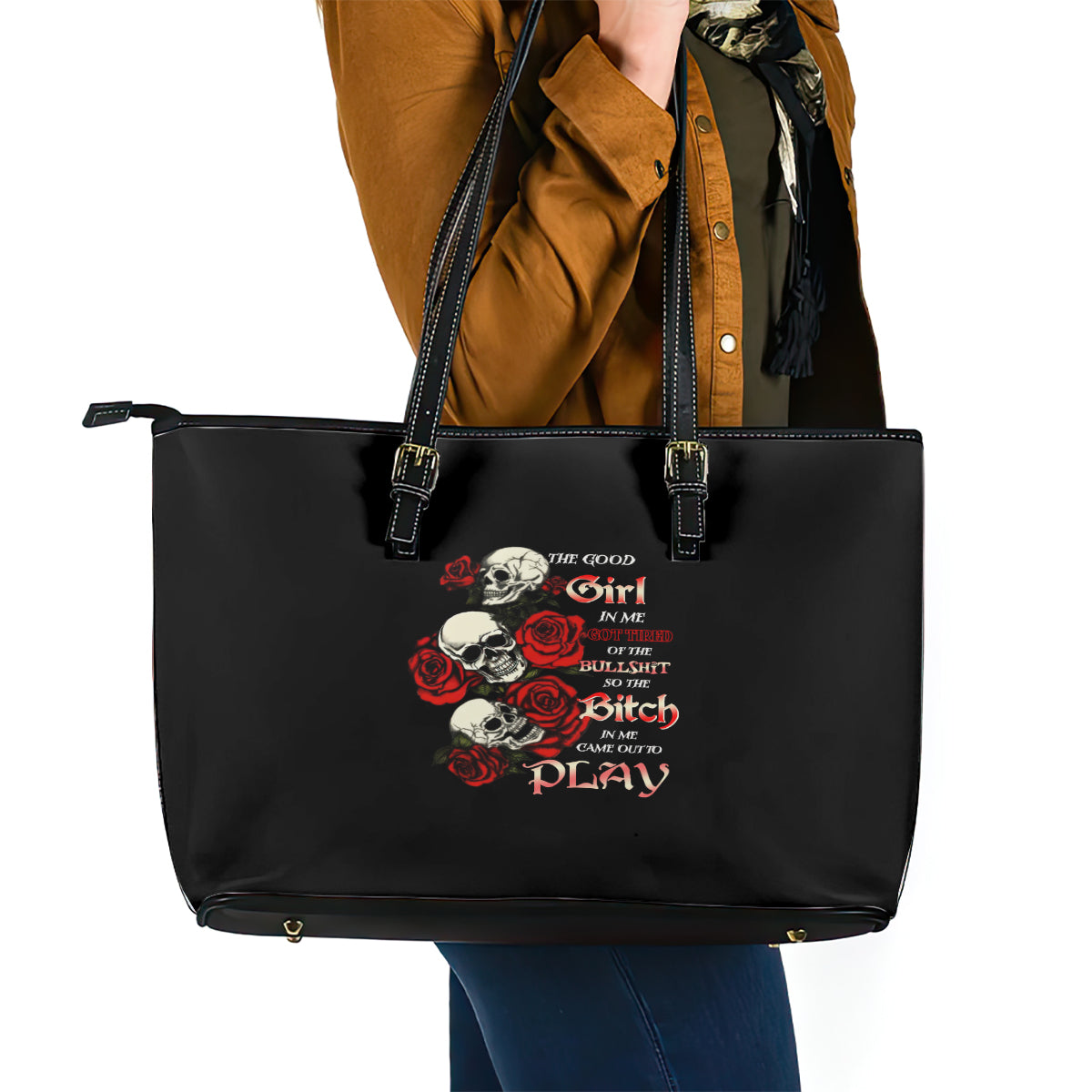 The Good Girl In Me 3 Skulls Rose Vintage Leather Tote Bag TS04