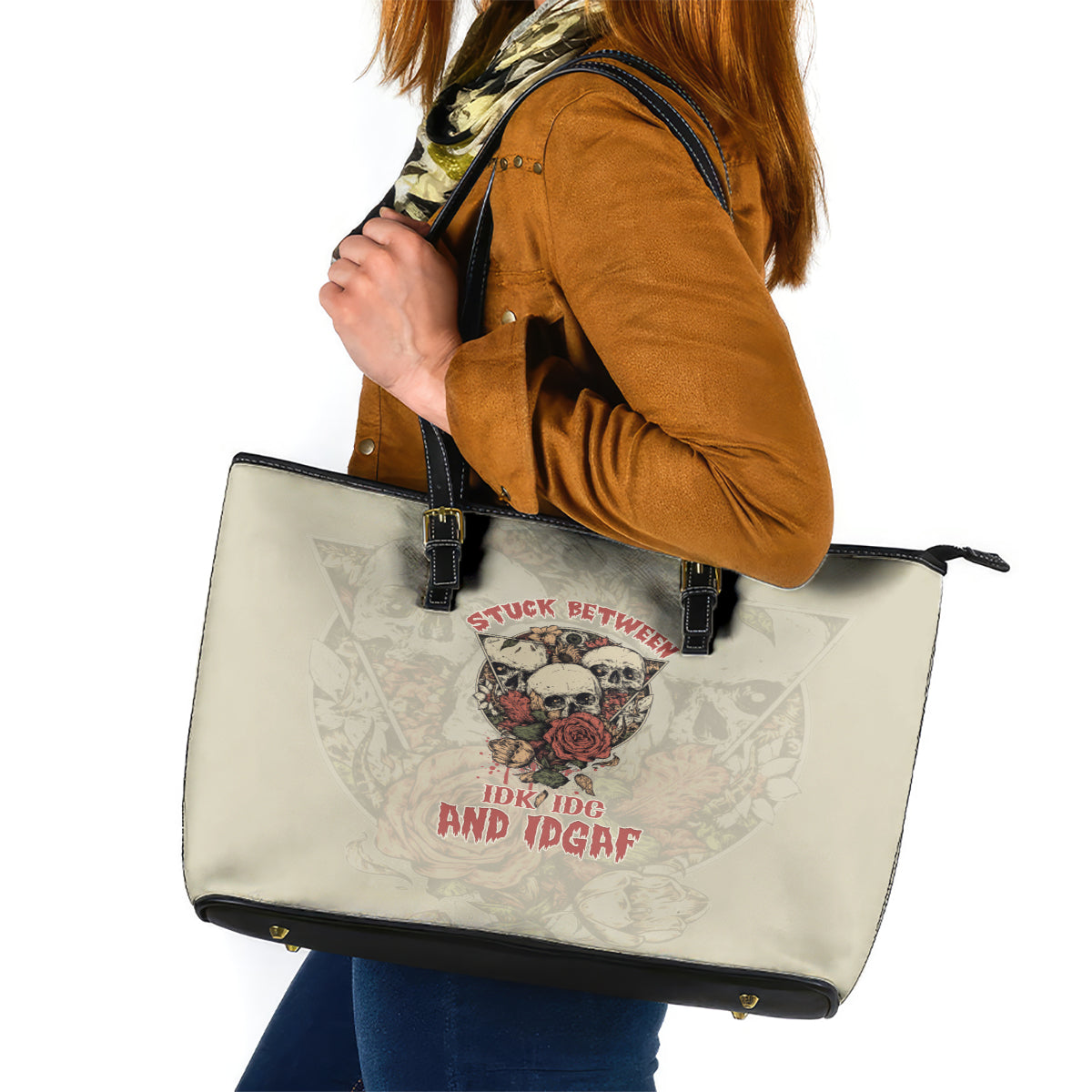 Stuck Between Idk Idc And Idgaf Skull Leather Tote Bag TS04