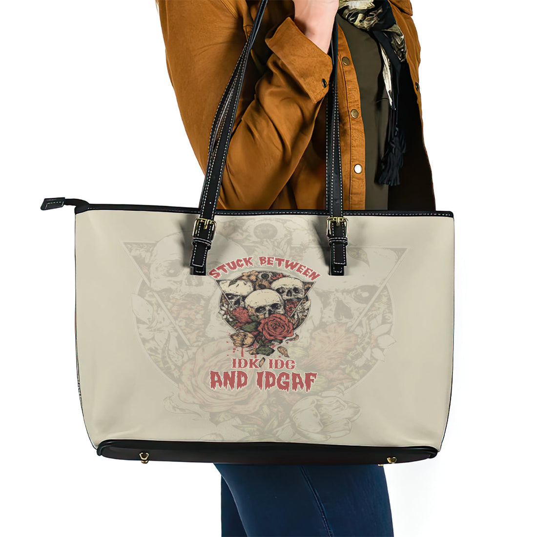 Stuck Between Idk Idc And Idgaf Skull Leather Tote Bag TS04