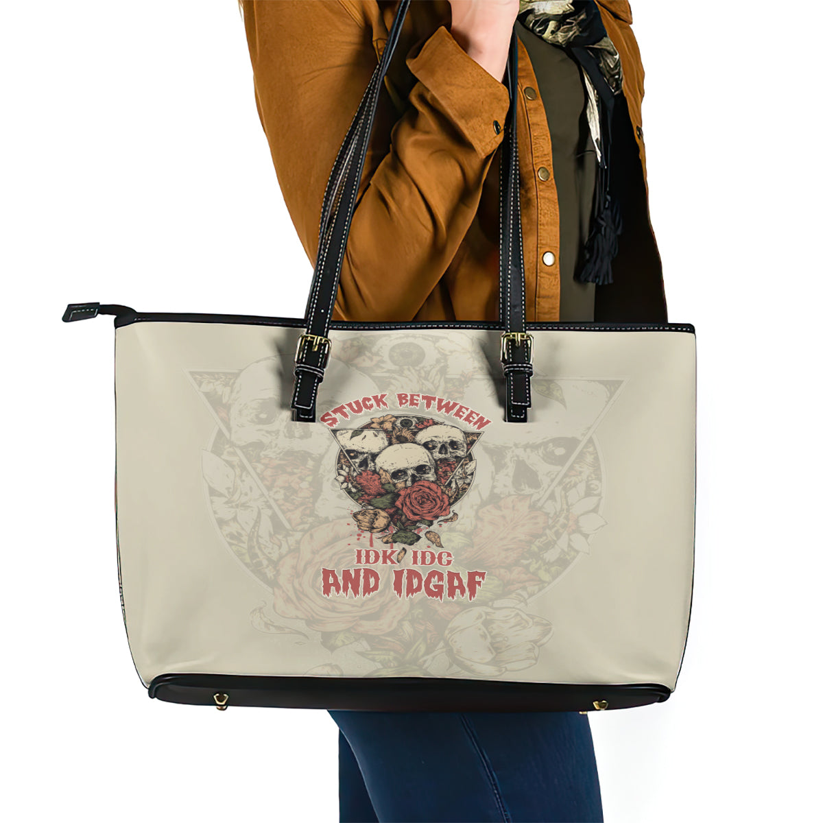 Stuck Between Idk Idc And Idgaf Skull Leather Tote Bag TS04