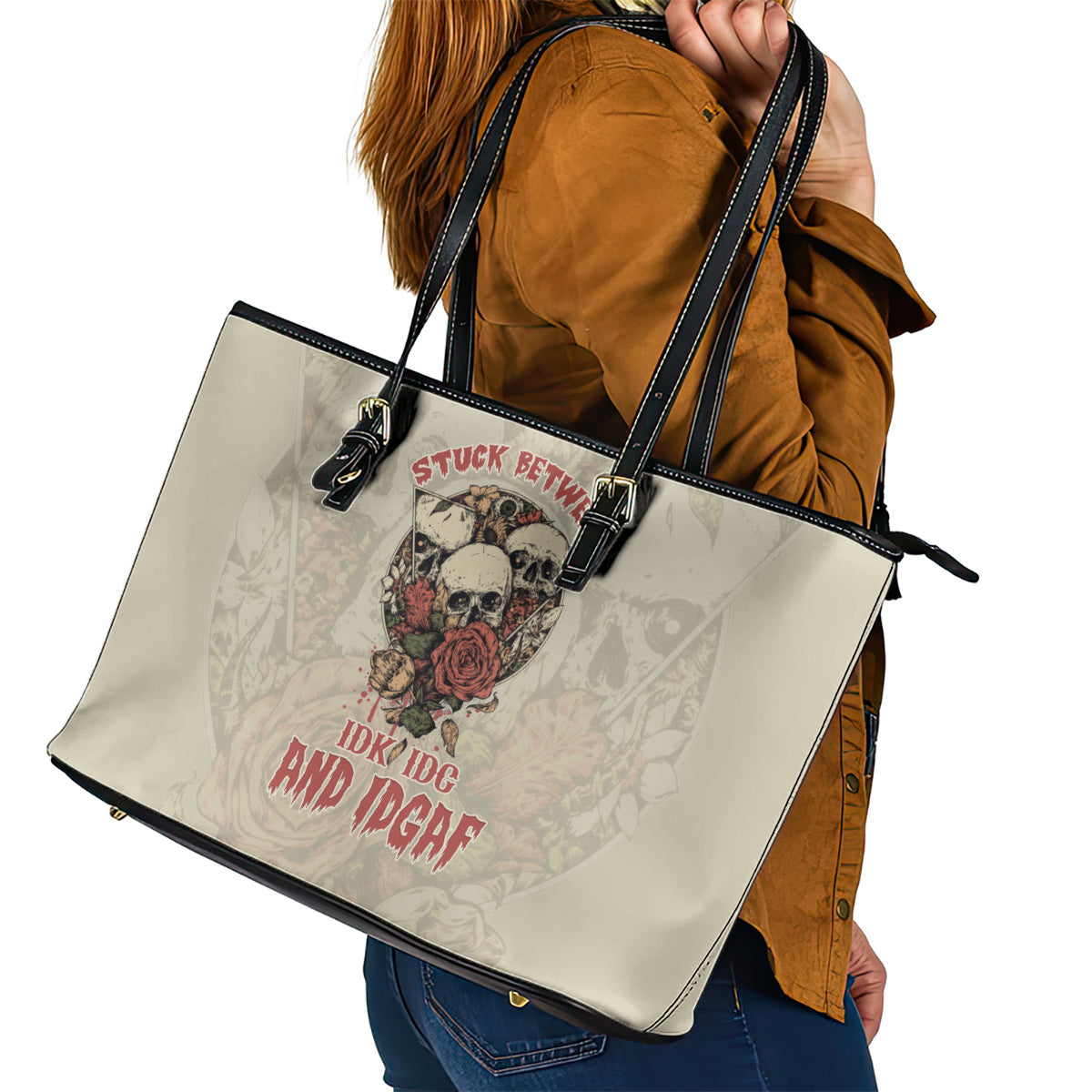 Stuck Between Idk Idc And Idgaf Skull Leather Tote Bag TS04
