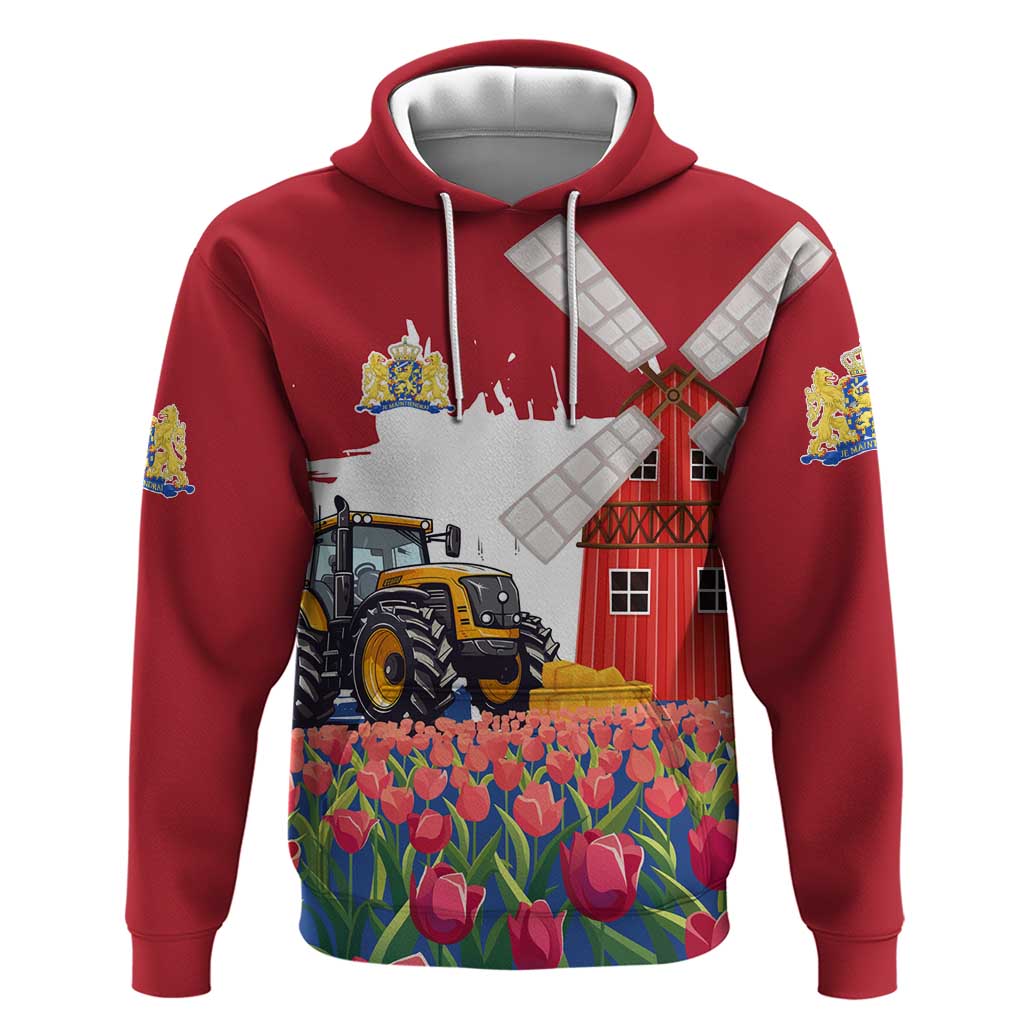 Netherlands Farm Landscape Hoodie with Tractor and Tulips TS04